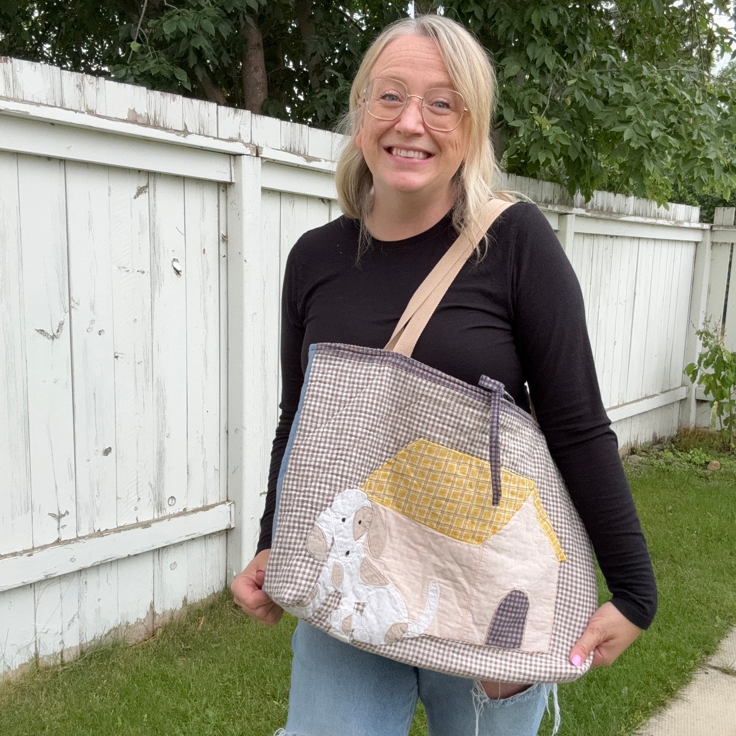 Gingham Puppy - Upcycled Quilted Tote Bag