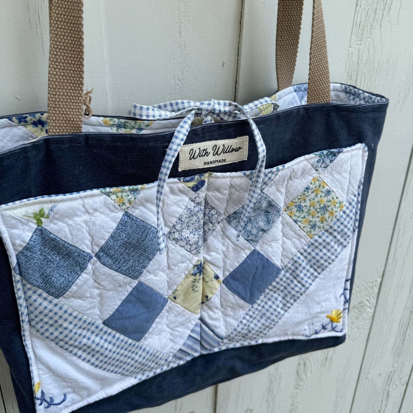 Blue Gingham and Daisy Tote– Upcycled Reversible Quilted Tote Bag