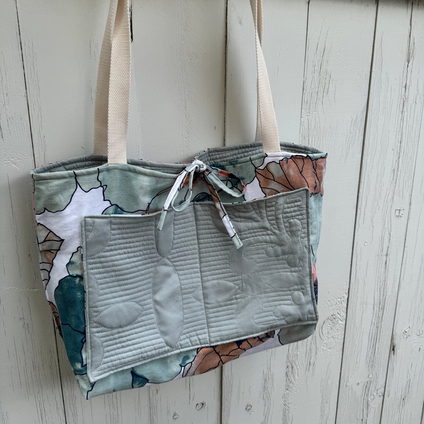 Dusty Blue and Bloom Tote – Upcycled Reversible Quilted Tote Bag
