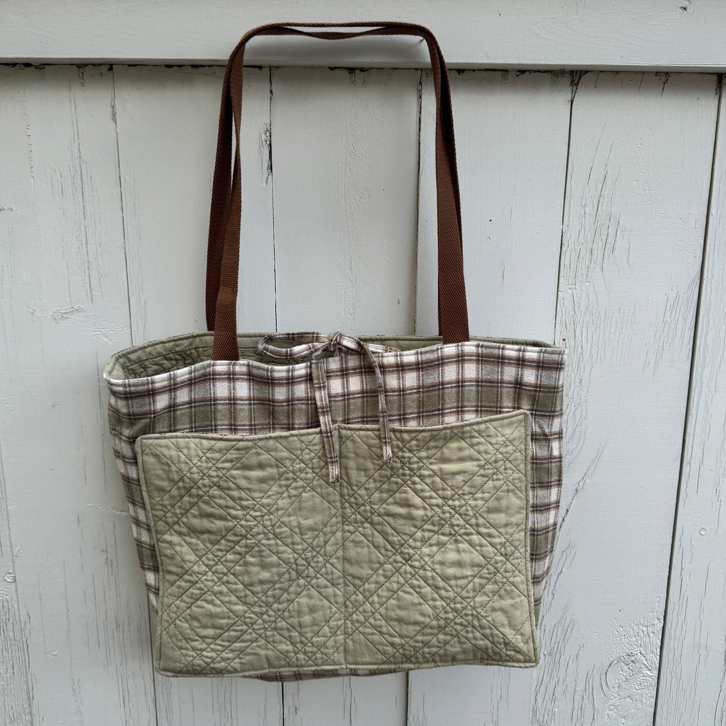 Sage and Plaid Tote – Upcycled Reversible Quilted Tote Bag