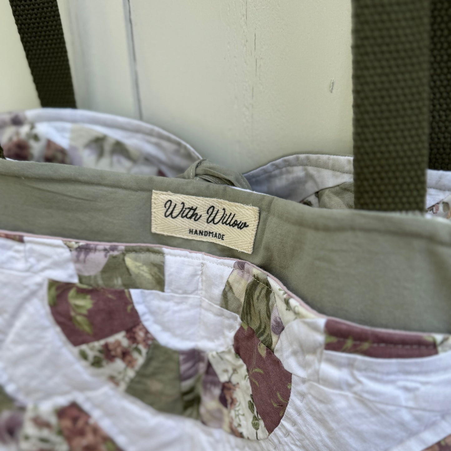 Plum and Sage Fan Tote– Upcycled Reversible Quilted Tote Bag