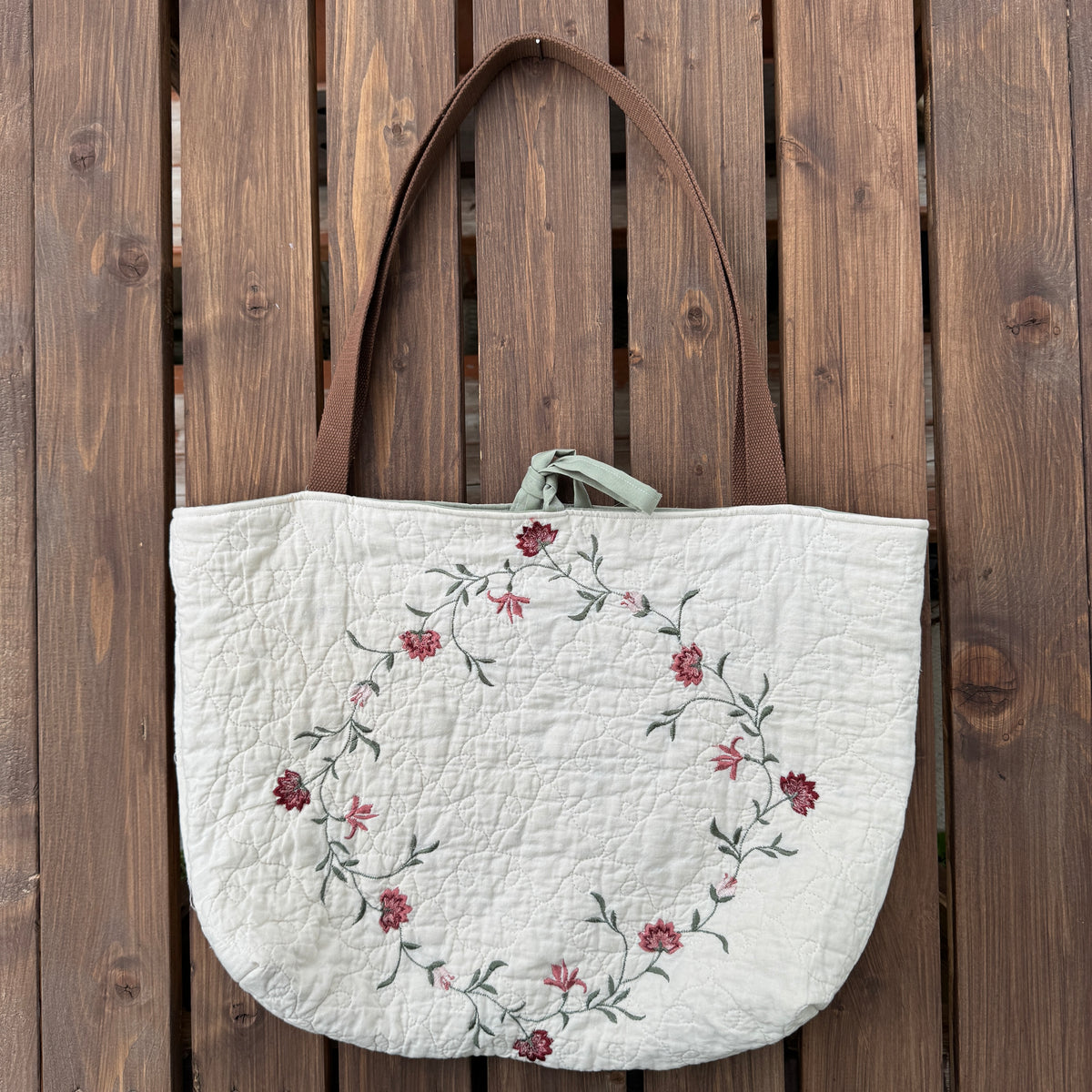 Burgundy and Sage Floral - Upcycled Quilted Tote Bag