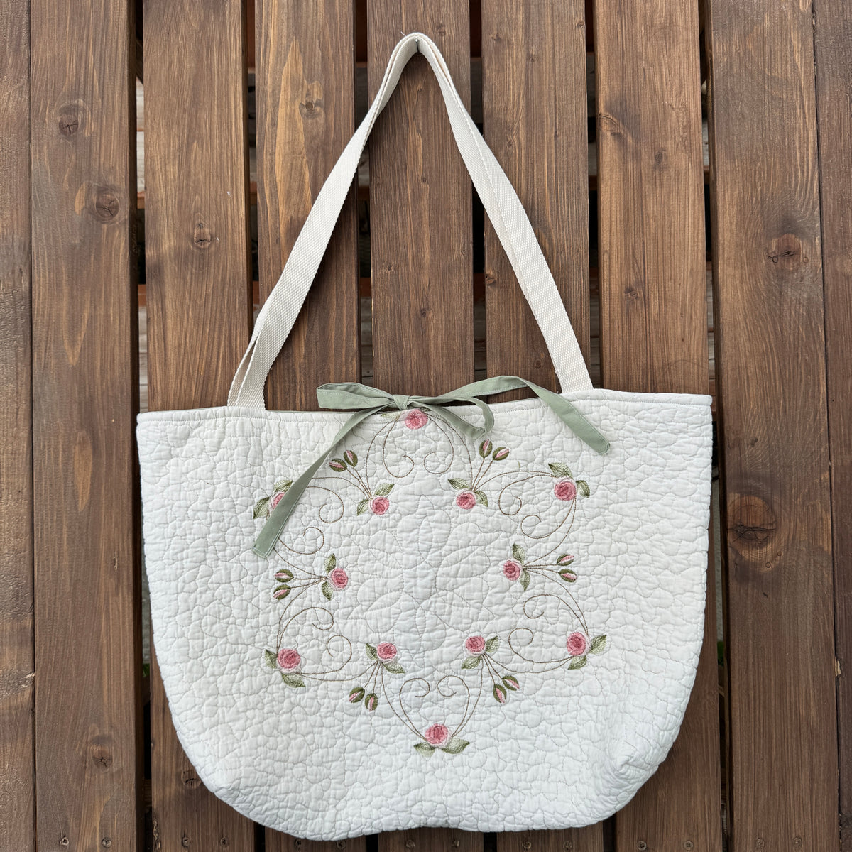 Pink Rose Wreath - Upcycled Quilted Tote Bag
