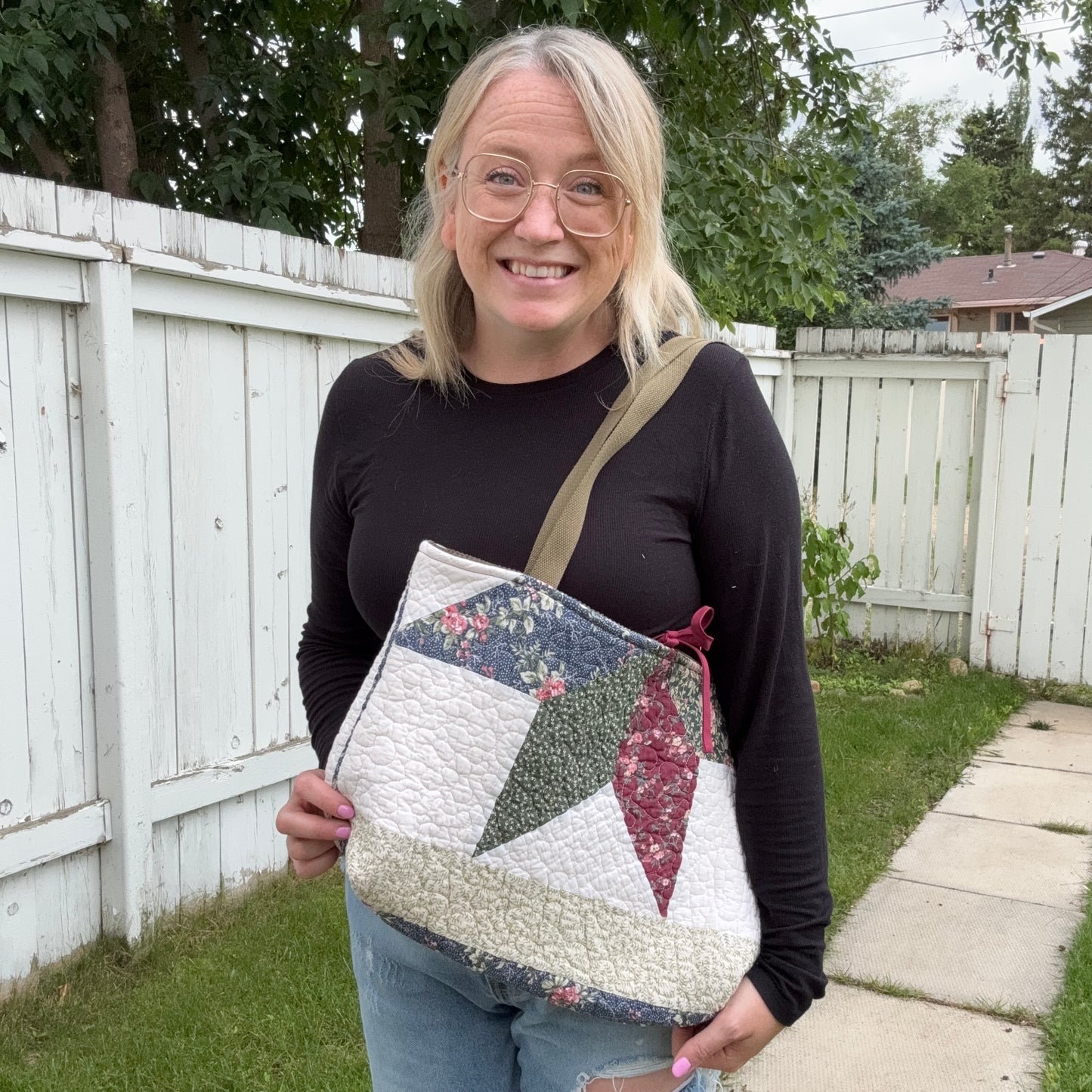 Maroon and Olive Star - Upcycled Quilted Tote Bag