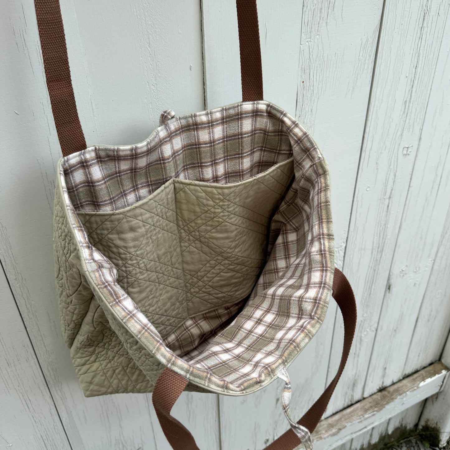 Sage and Plaid Tote – Upcycled Reversible Quilted Tote Bag