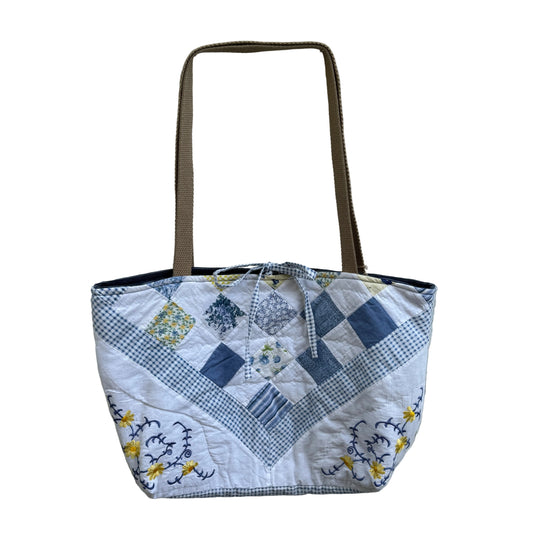 Blue Gingham and Daisy Tote– Upcycled Reversible Quilted Tote Bag