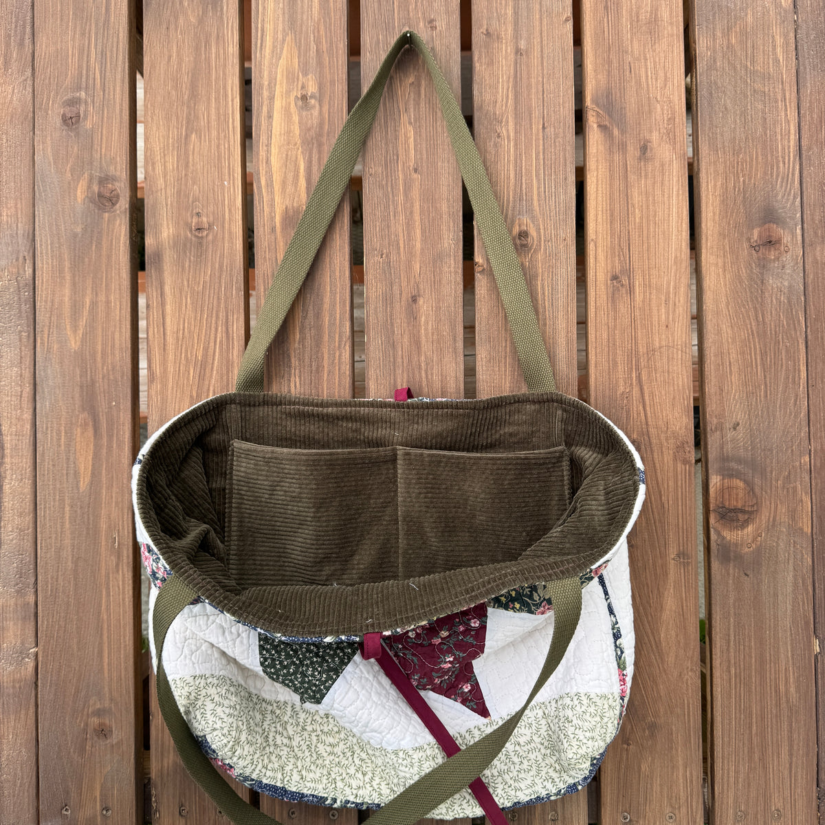 Maroon and Olive Star - Upcycled Quilted Tote Bag
