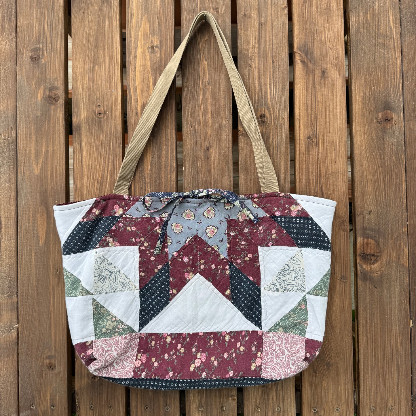 Burgundy Star and Paisley - Upcycled Quilted Tote Bag