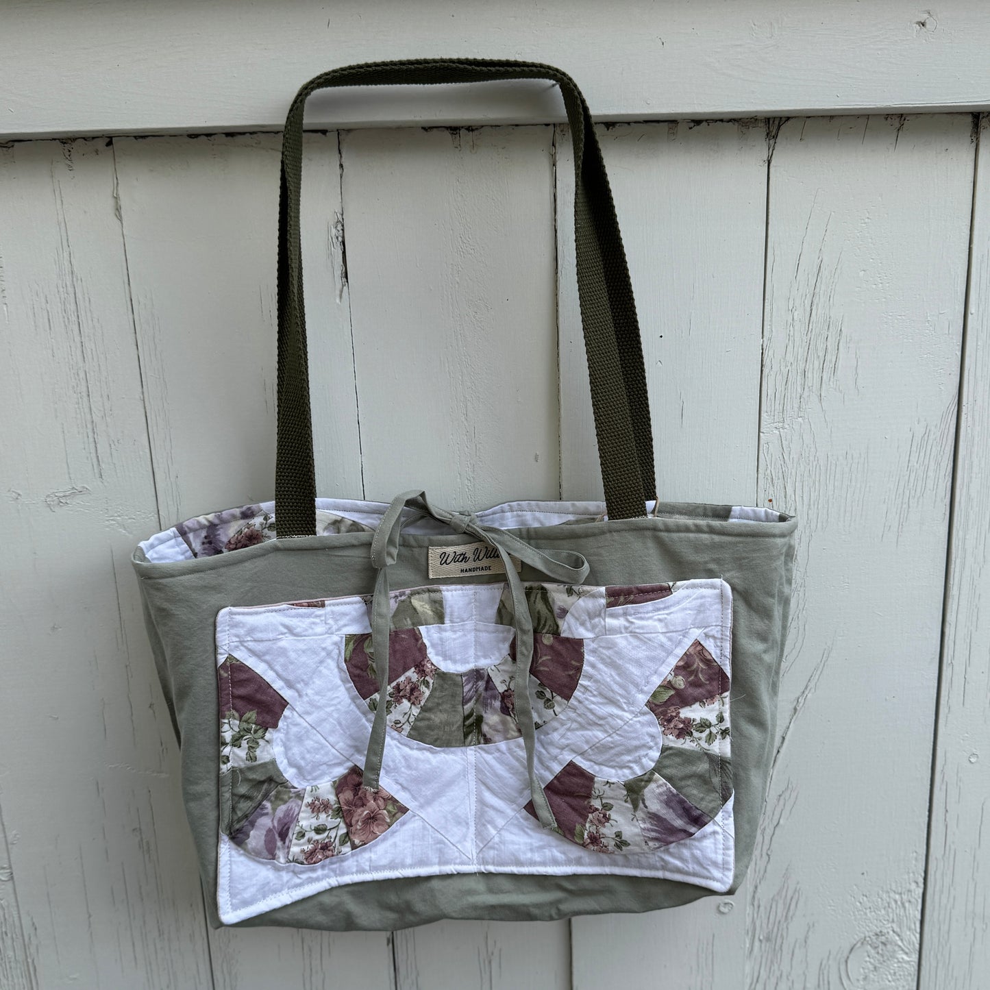 Plum and Sage Fan Tote– Upcycled Reversible Quilted Tote Bag