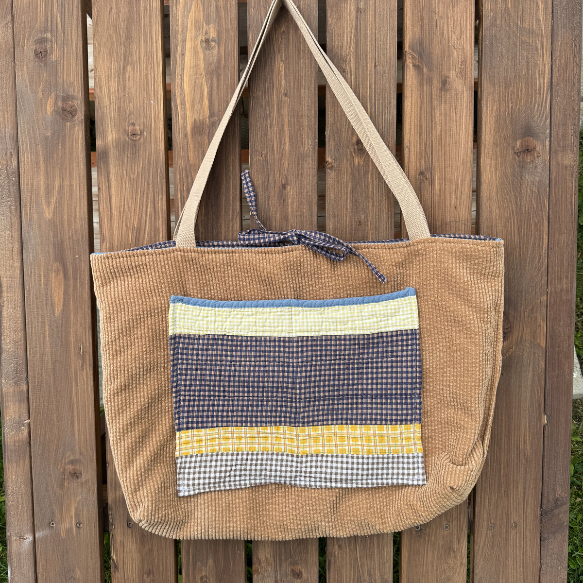 Gingham Puppy - Upcycled Quilted Tote Bag