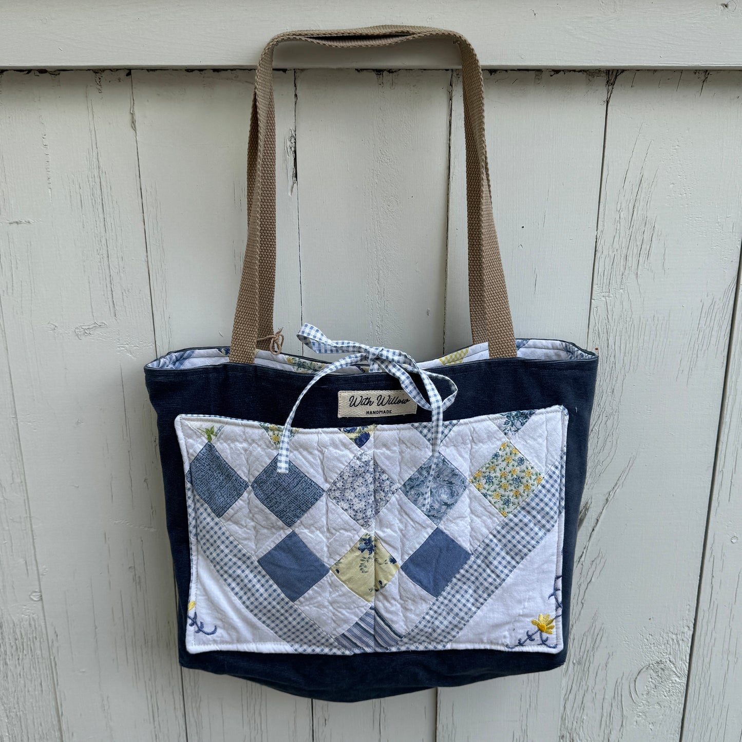 Blue Gingham and Daisy Tote– Upcycled Reversible Quilted Tote Bag