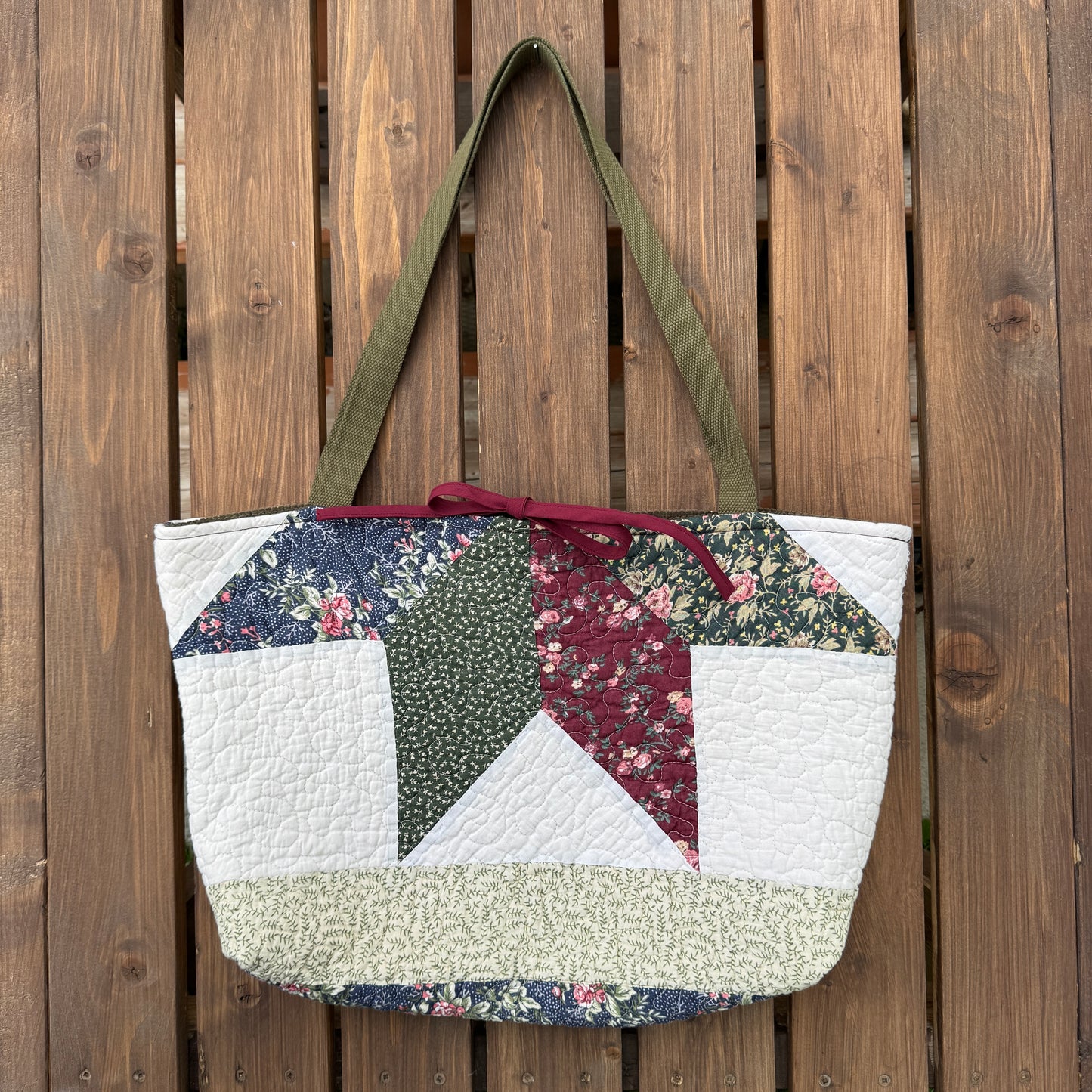 Maroon and Olive Star - Upcycled Quilted Tote Bag