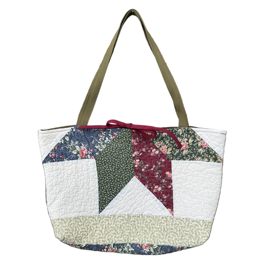 Maroon and Olive Star - Upcycled Quilted Tote Bag