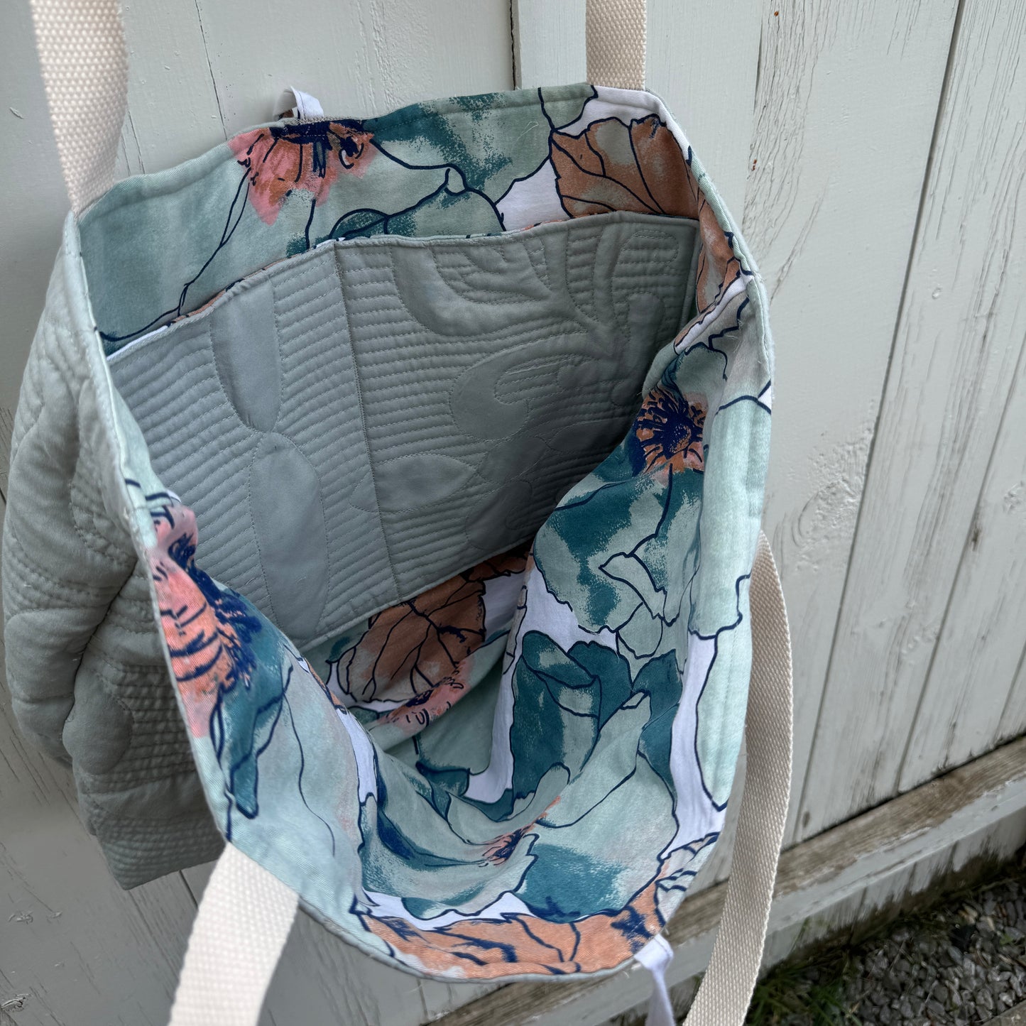 Dusty Blue and Bloom Tote – Upcycled Reversible Quilted Tote Bag