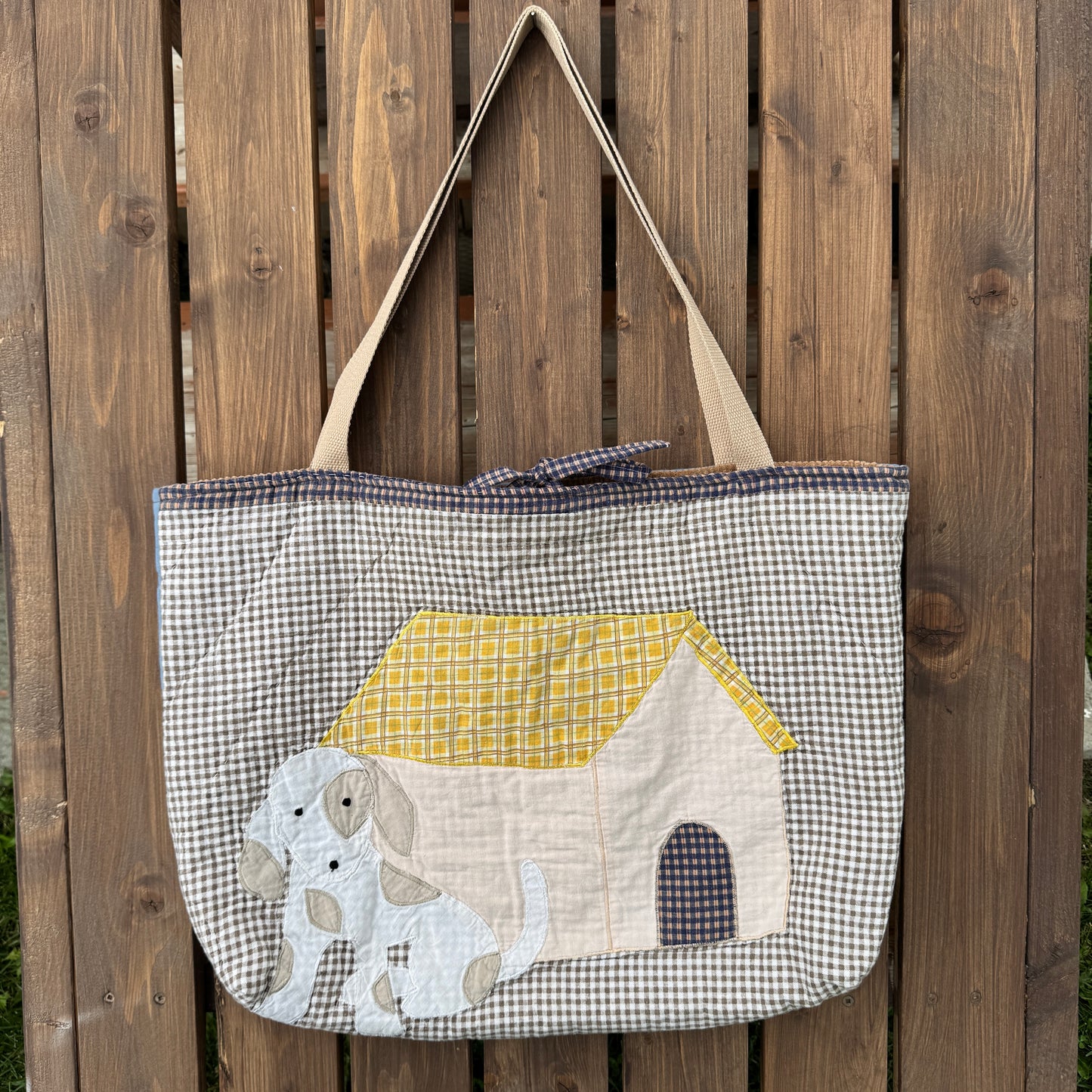 Gingham Puppy - Upcycled Quilted Tote Bag
