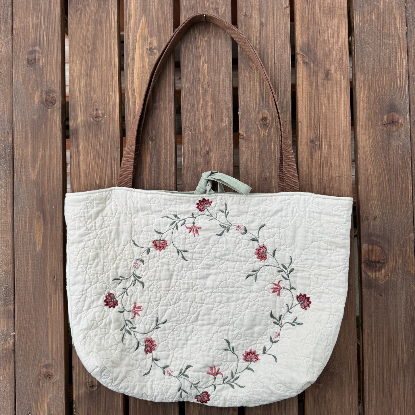 Burgundy and Sage Floral - Upcycled Quilted Tote Bag