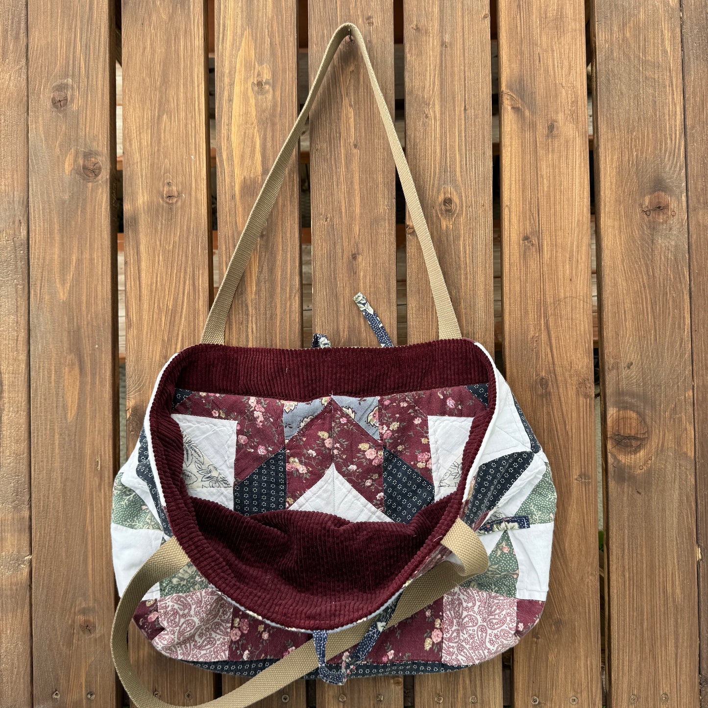 Burgundy Star and Paisley - Upcycled Quilted Tote Bag