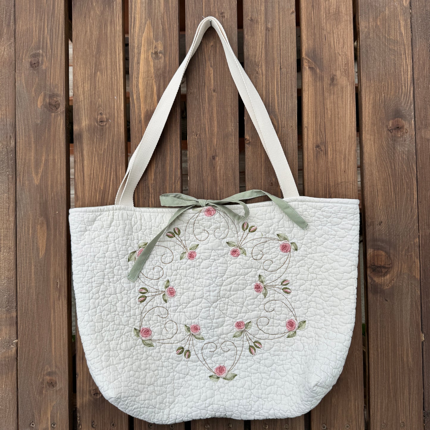 Pink Rose Wreath - Upcycled Quilted Tote Bag