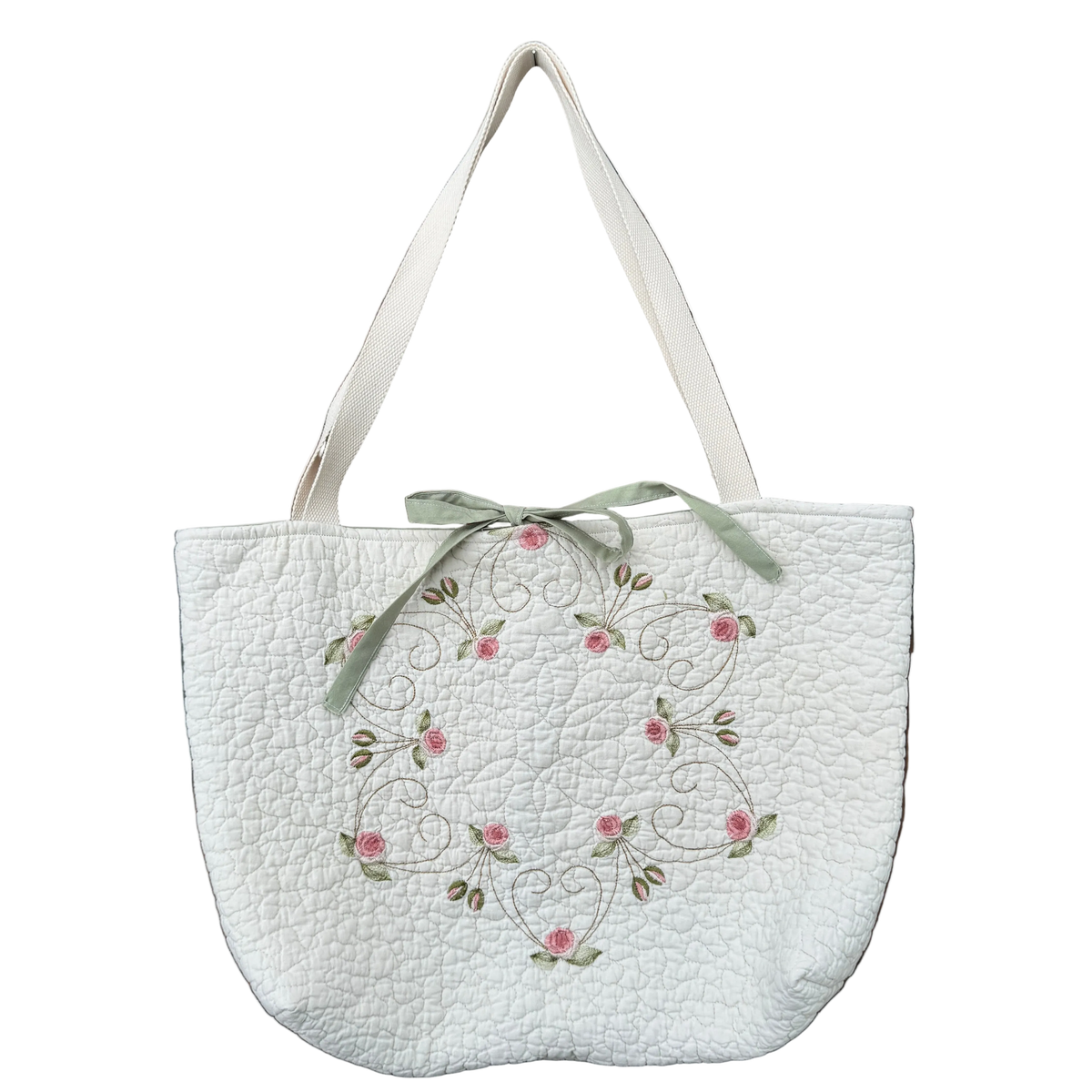 Pink Rose Wreath - Upcycled Quilted Tote Bag