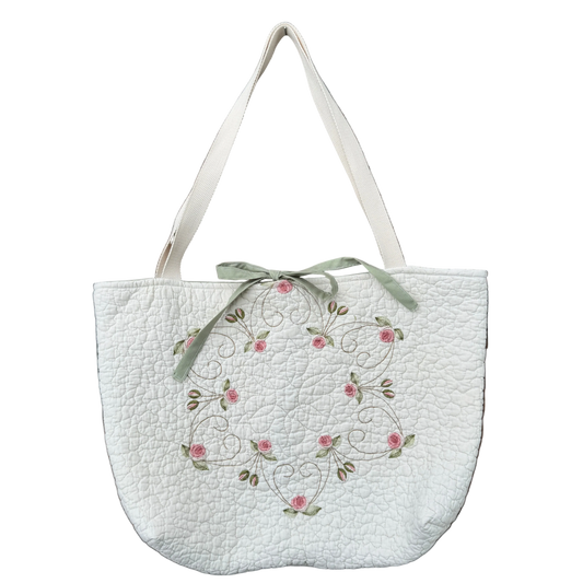 Pink Rose Wreath - Upcycled Quilted Tote Bag