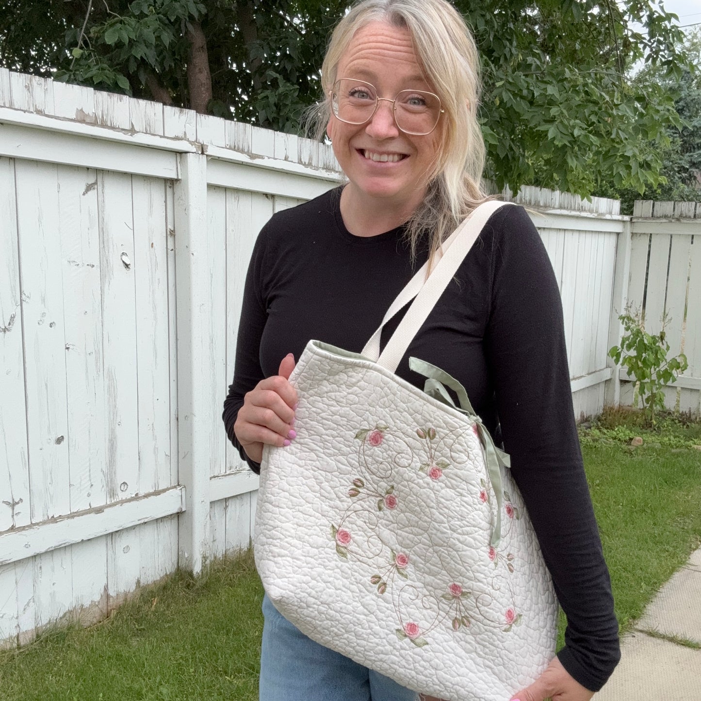 Pink Rose Wreath - Upcycled Quilted Tote Bag