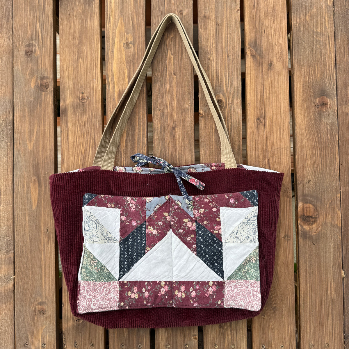 Burgundy Star and Paisley - Upcycled Quilted Tote Bag