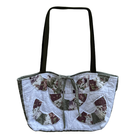 Plum and Sage Fan Tote– Upcycled Reversible Quilted Tote Bag