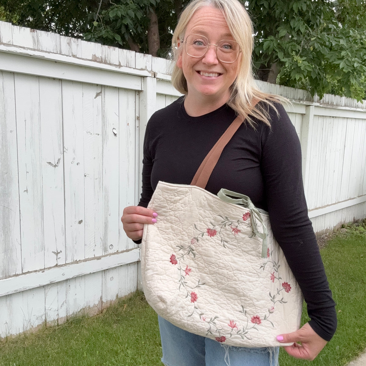 Burgundy and Sage Floral - Upcycled Quilted Tote Bag