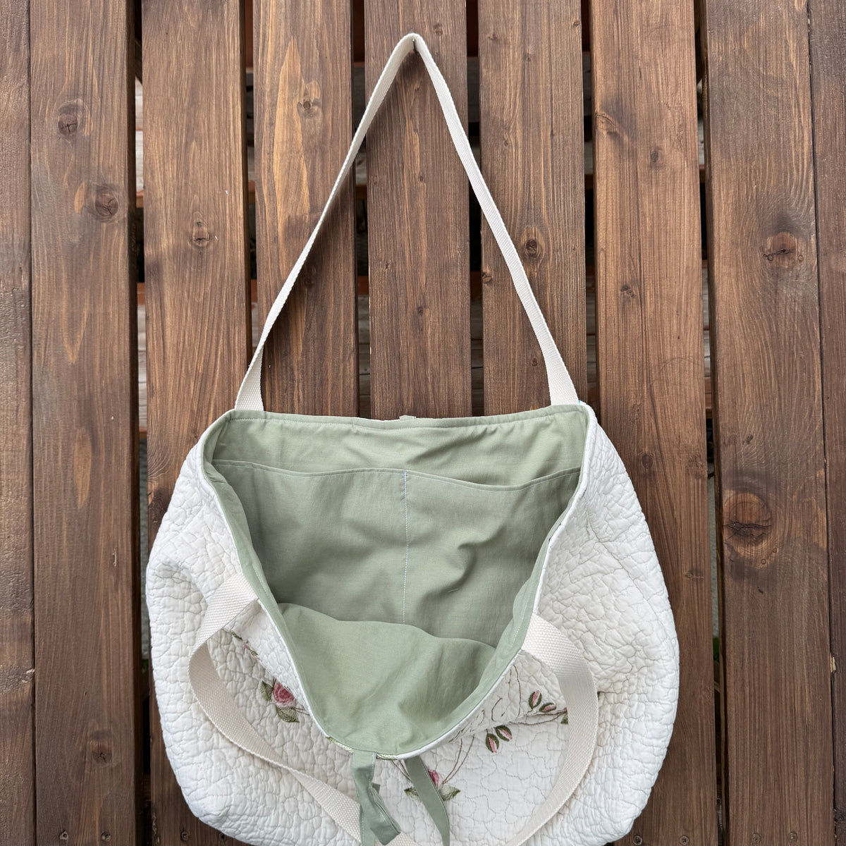 Pink Rose Wreath - Upcycled Quilted Tote Bag