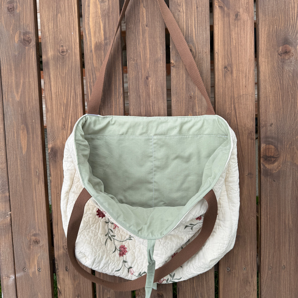 Burgundy and Sage Floral - Upcycled Quilted Tote Bag