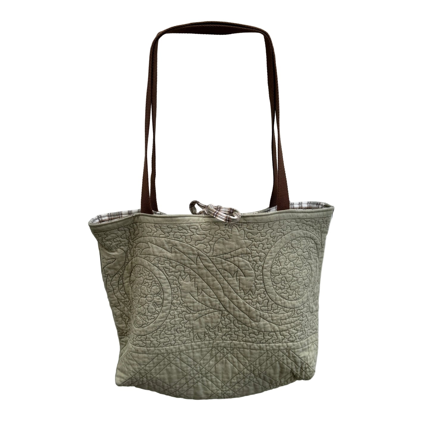 Sage and Plaid Tote – Upcycled Reversible Quilted Tote Bag