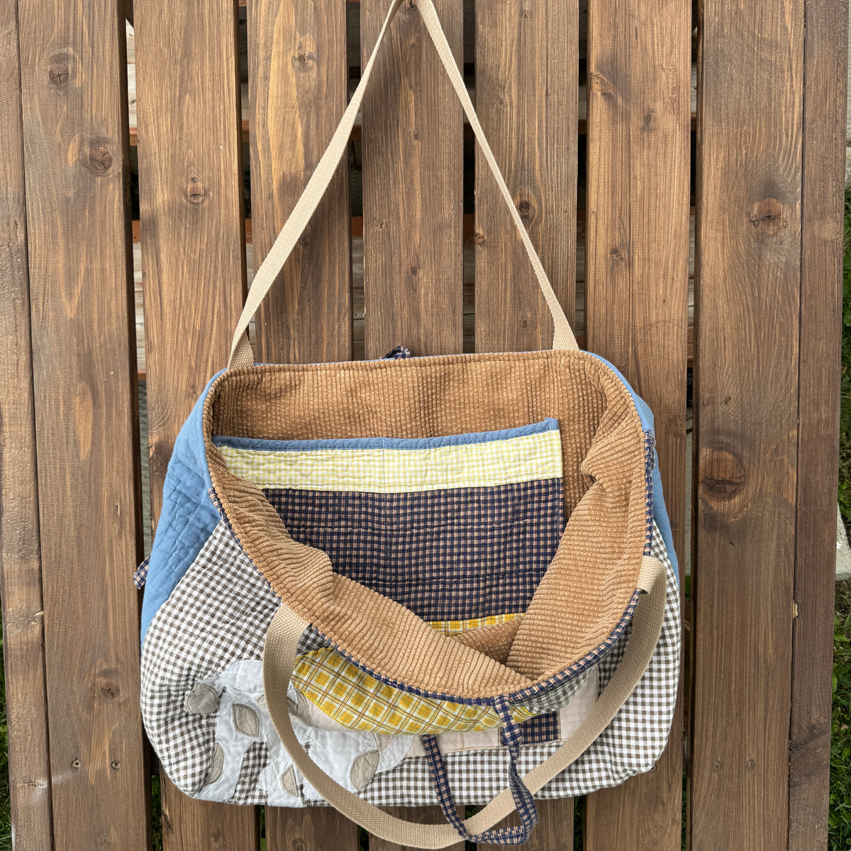 Gingham Puppy - Upcycled Quilted Tote Bag